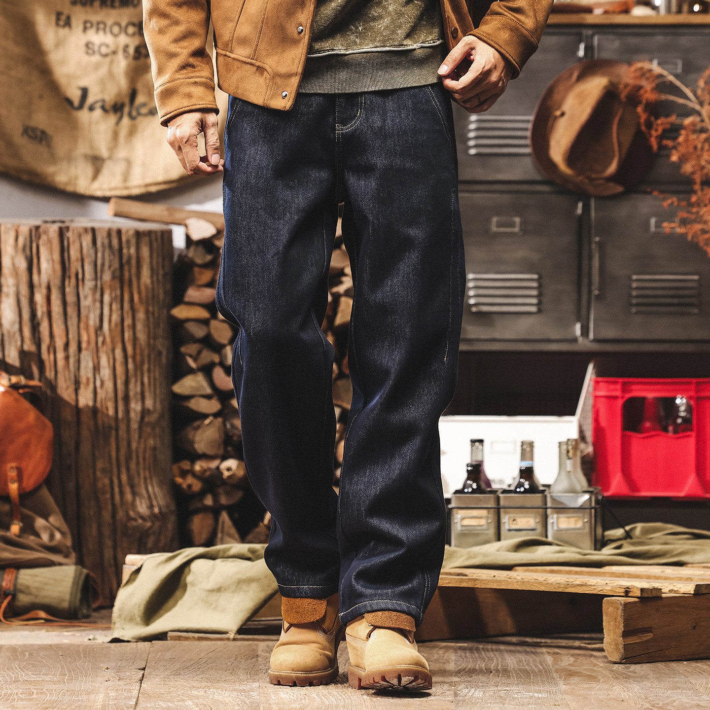 活性染防褪色美式復古加絨牛仔褲男直筒冬季加厚潮牌寬鬆休閒長褲