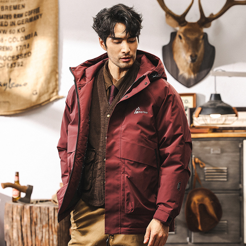 美式復古海棠紅工裝羽絨服男冬季加厚2024新款石墨烯保暖外套男款