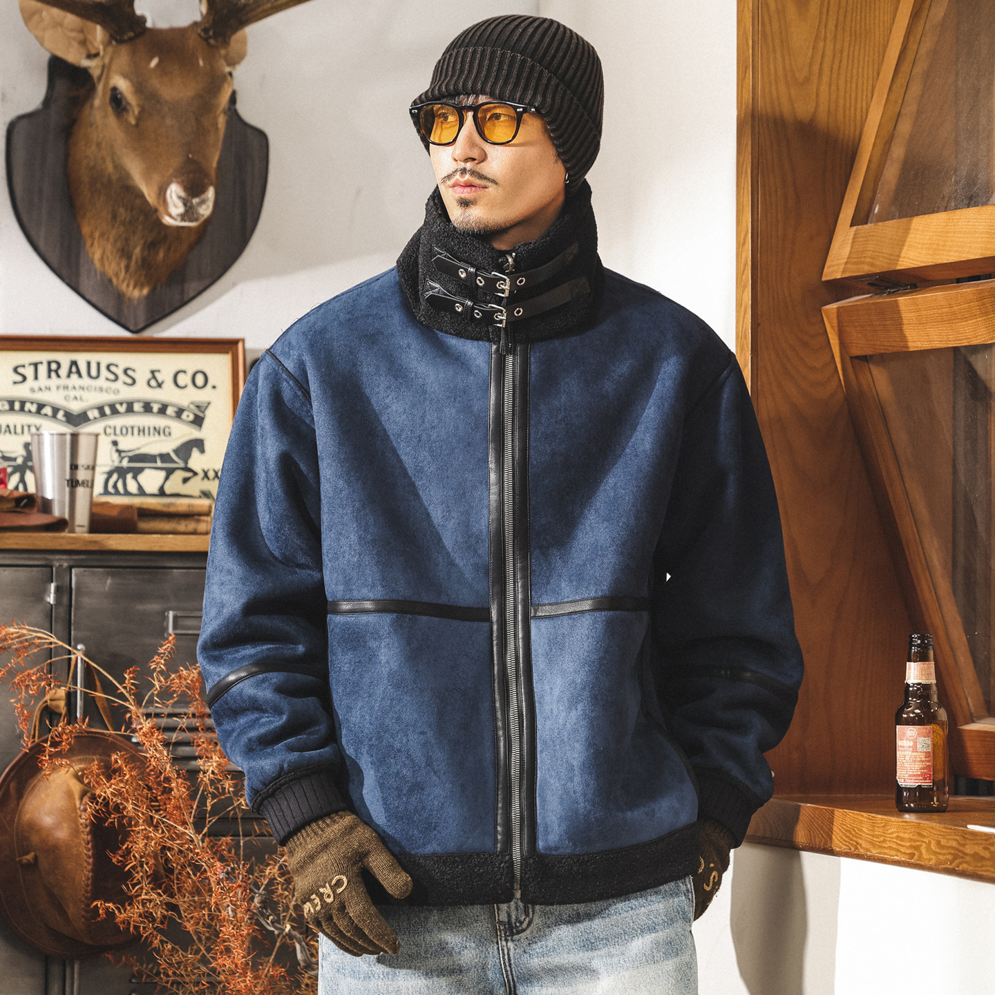 荒絨雙面穿復古皮毛一體棉服外套男冬季加厚保暖棉襖搖粒絨棉衣男