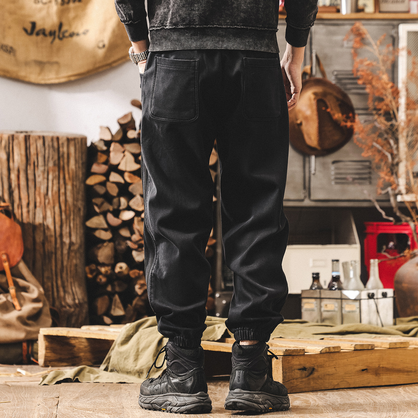 美式復古重磅加絨褲子男款冬季潮牌運動束腳衛褲男寬鬆加厚休閒褲