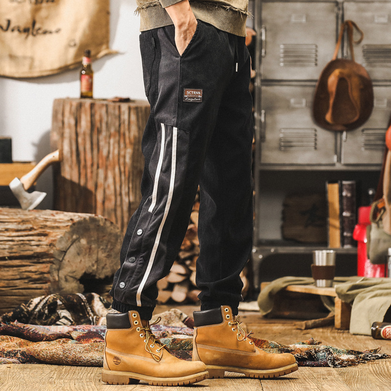 美式復古重磅休閒衛褲男秋冬款潮流條紋長褲子男士拼接束腳工裝褲