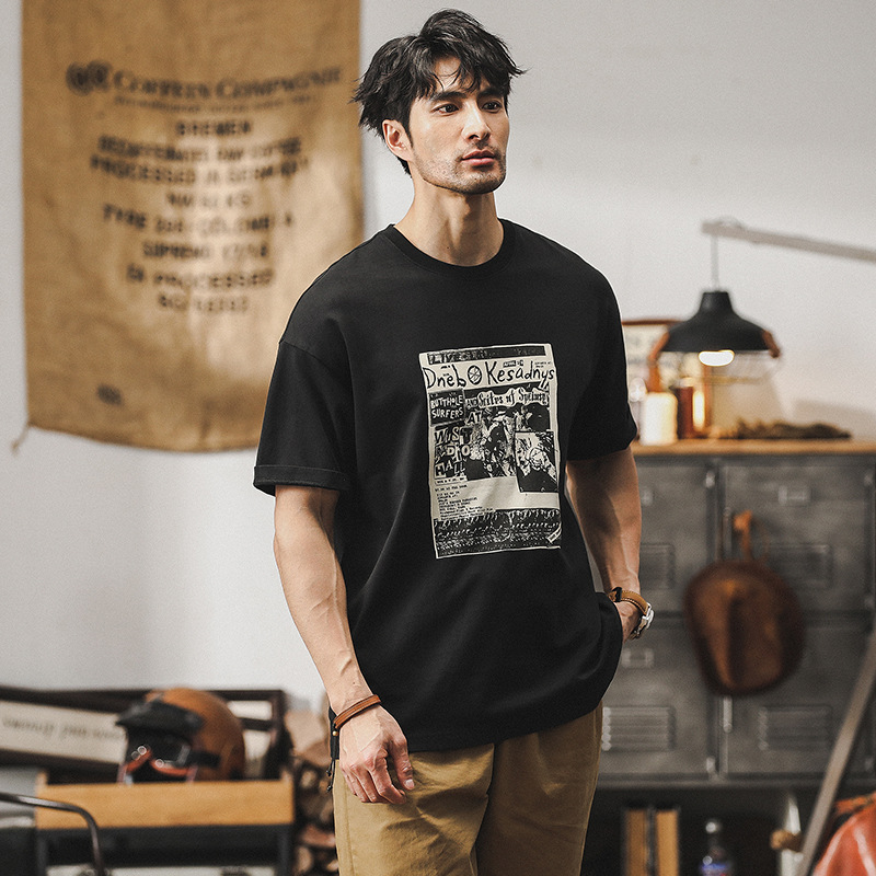 美式黑色T恤短袖男士夏季2024新款潮流寬鬆休閑痞帥男裝體恤