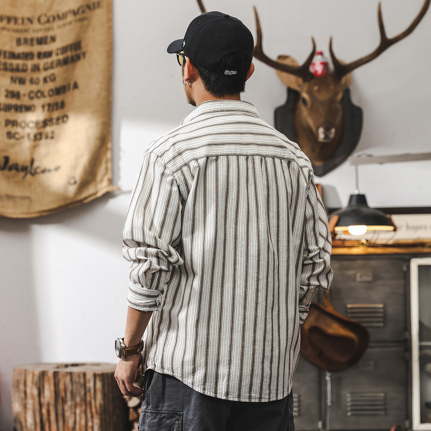 美式復古經典條紋襯衫男長袖2025秋季新款日系文藝風休閒上衣襯衣