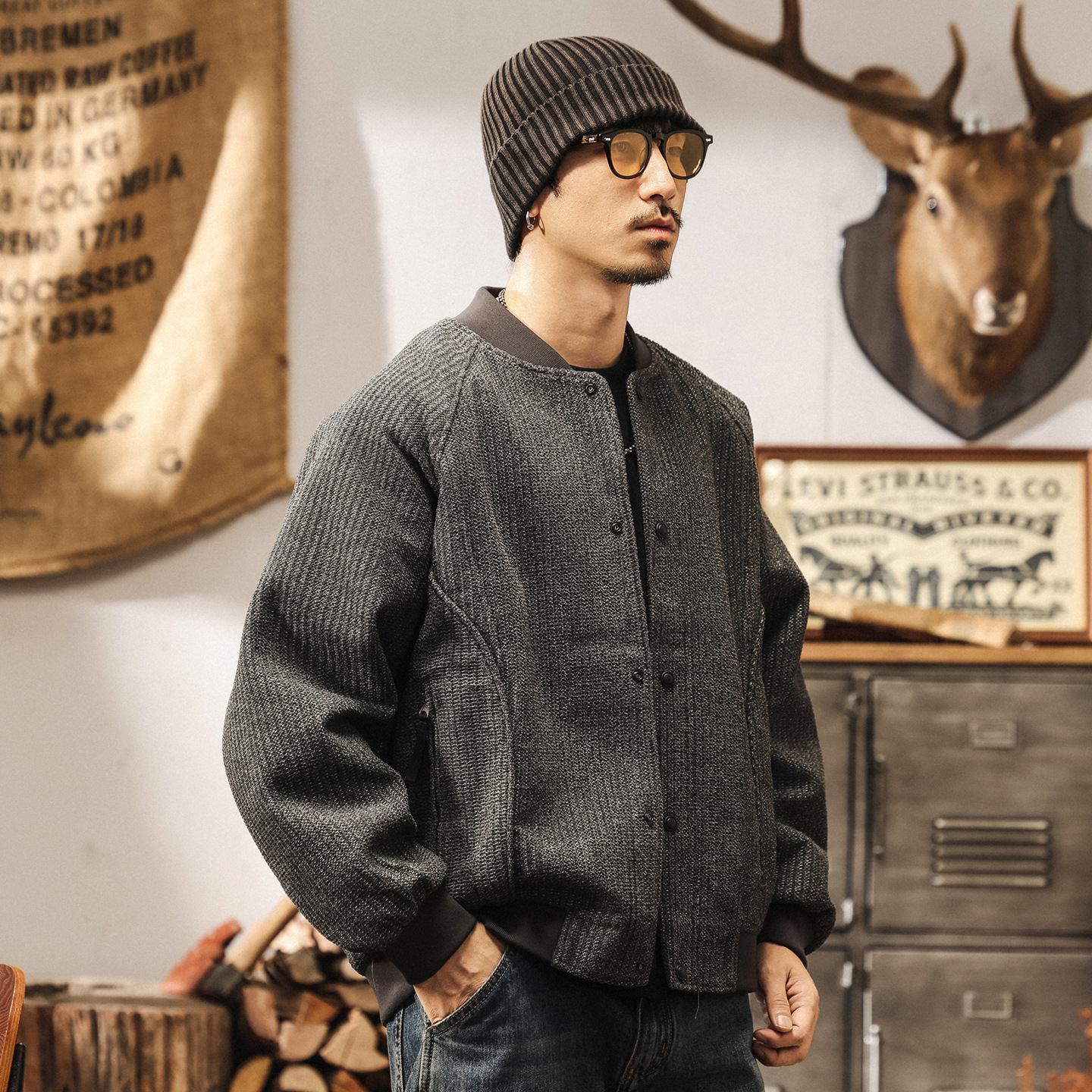 美式復古重磅棒球服外套男春秋寬鬆潮牌男士秋冬款花紗老錢風夾克