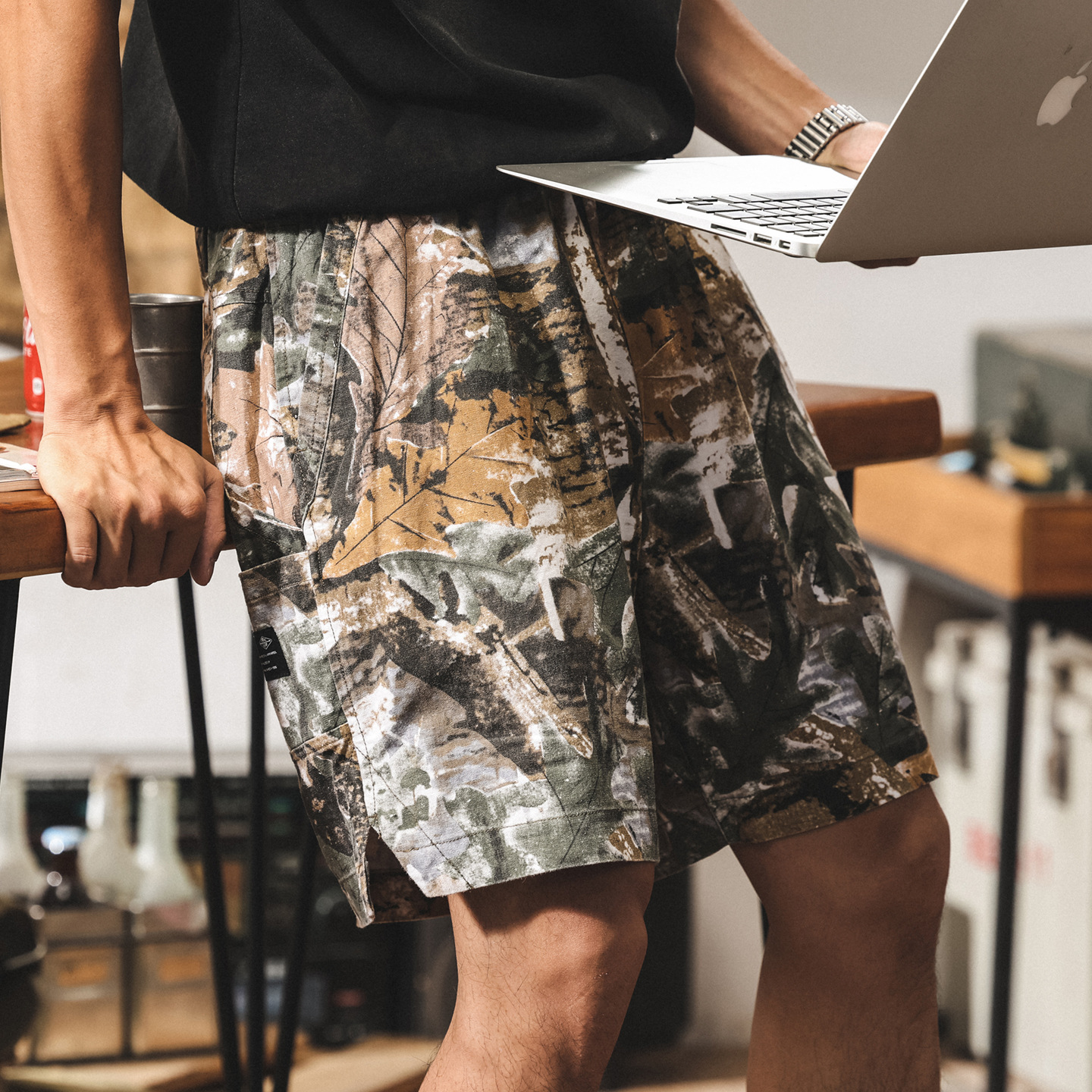 中式復古苧麻迷彩工裝短褲男夏季新款沙灘褲男士寬鬆潮流五分中褲