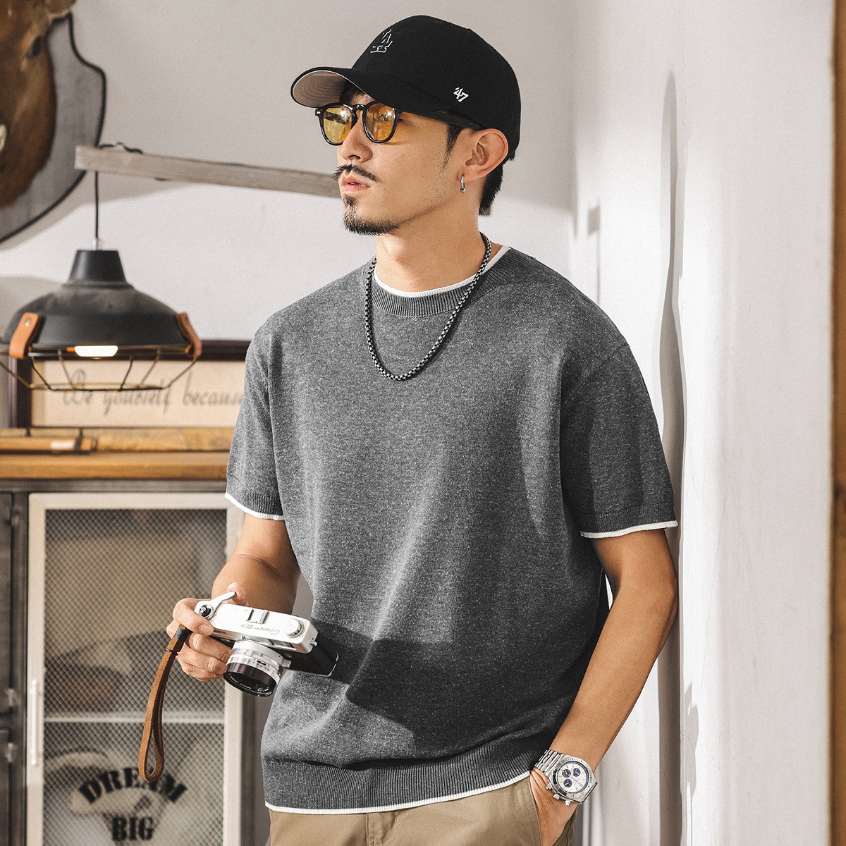 亞麻天絲短袖毛衣男夏季新款針織T恤男士拼色簡約百搭休閒上衣男