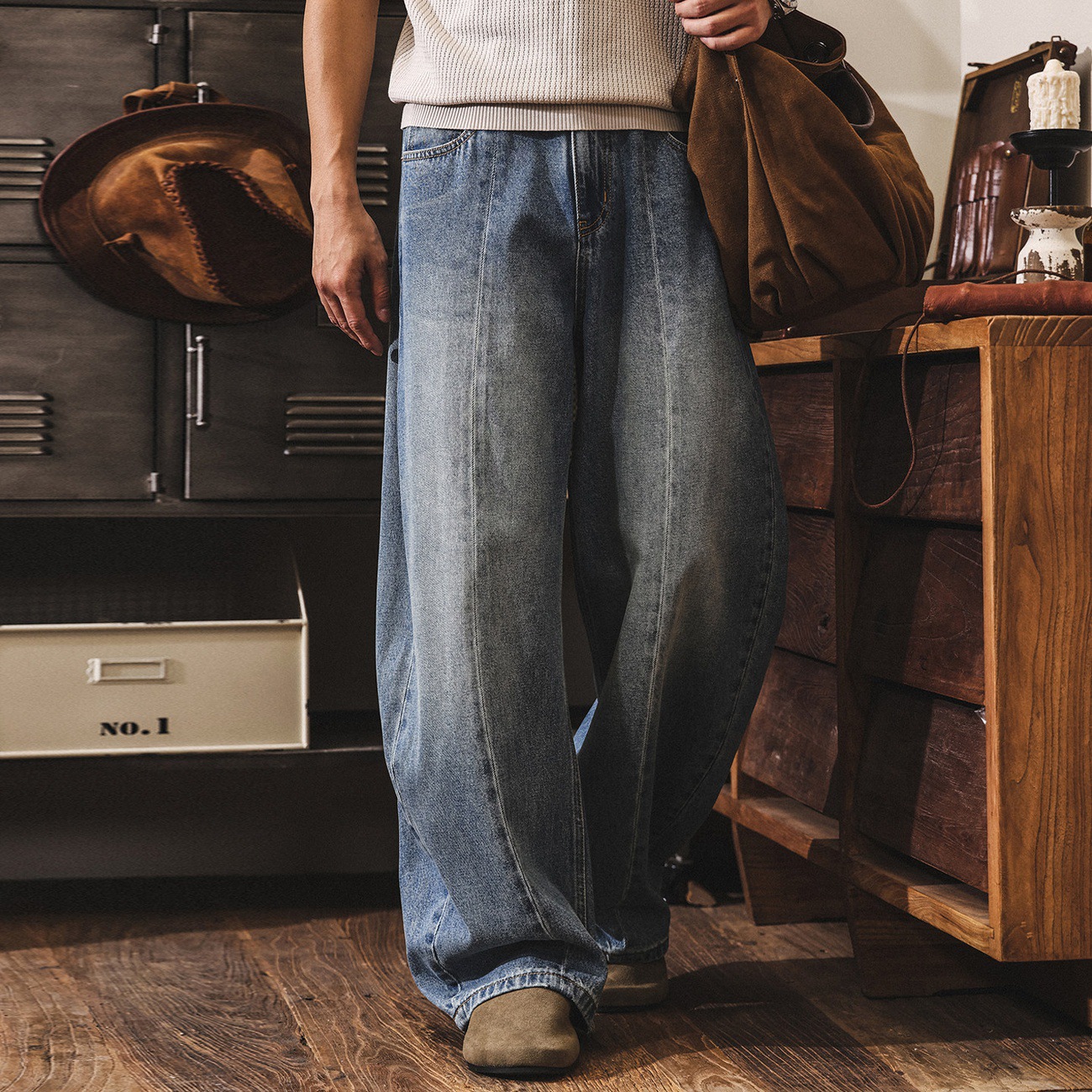 美式復古春季牛仔褲男款2026新款潮牌寬鬆闊腿彎刀褲男生休閒長褲