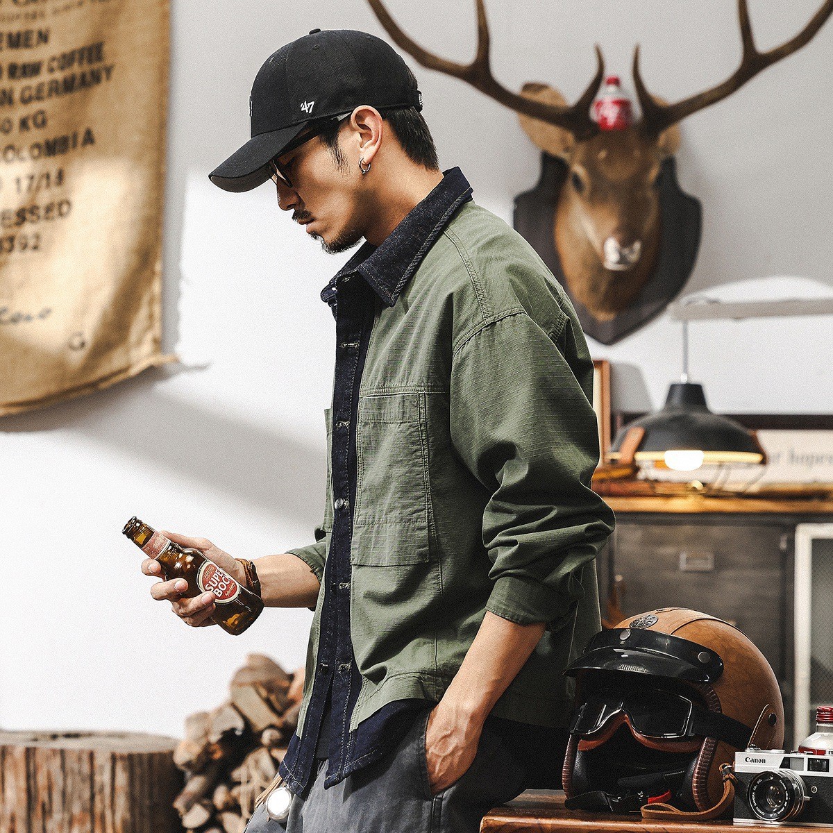 美式復古潮牌假兩件牛仔外套男秋季新款痞帥寬鬆工裝襯衣夾克男款