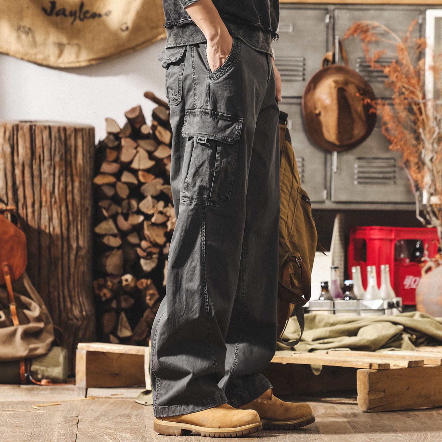 美式復古vibe風水洗廓形工裝褲子男春季新款寬鬆闊腿直筒休閒褲男