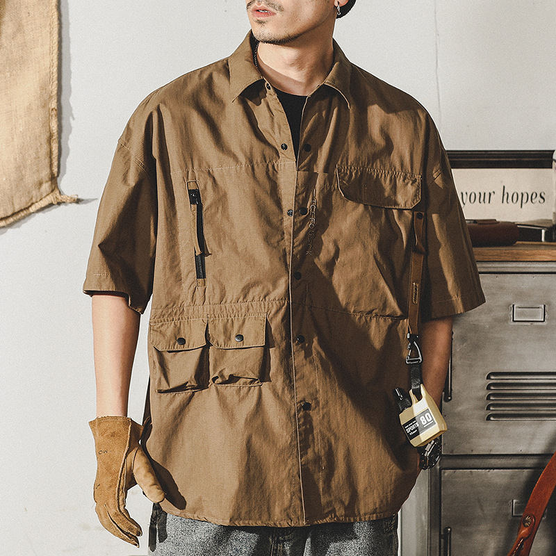 杰雷諾美式工裝襯衫男短袖戰術硬漢獵裝襯衣男教練夾克休閒外套男