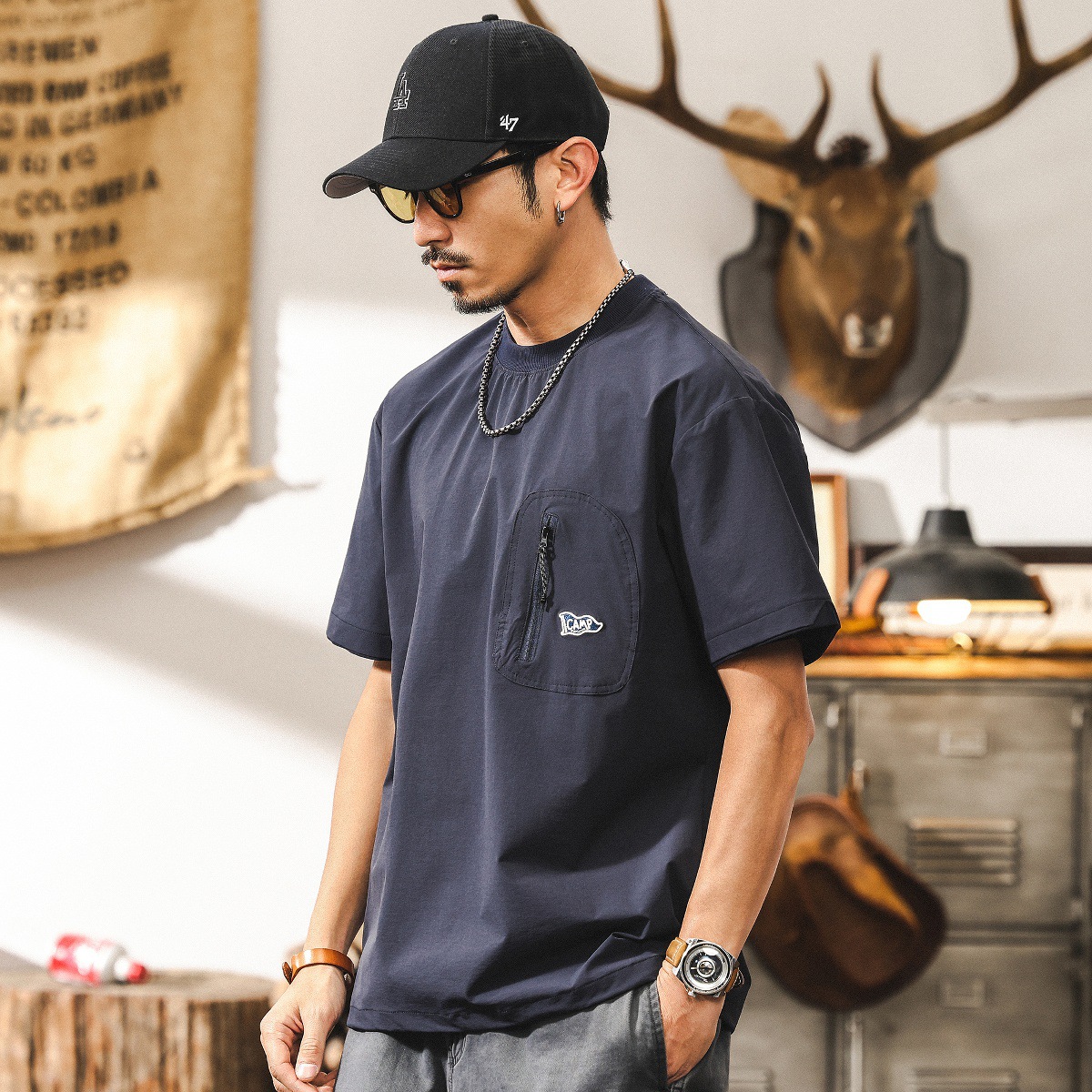 運動輕薄速幹短袖男款夏季寬鬆男士T恤潮牌戶外機能口袋男士上衣