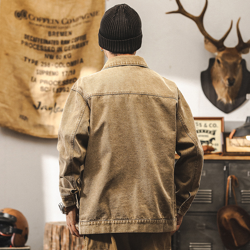 美式復古牛仔外套男春秋新款做舊重水洗寬鬆潮牌阿美咔嘰工裝夾克