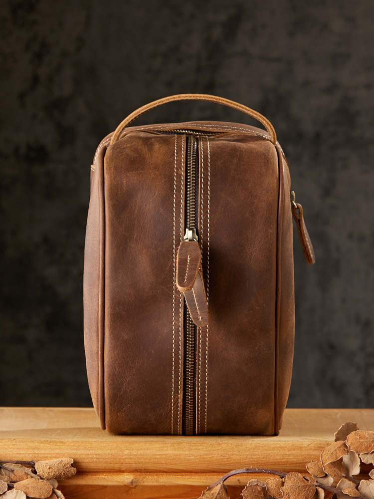 手工瘋馬皮多功能洗漱包男真皮出差旅行收納包大容量時尚化妝包女