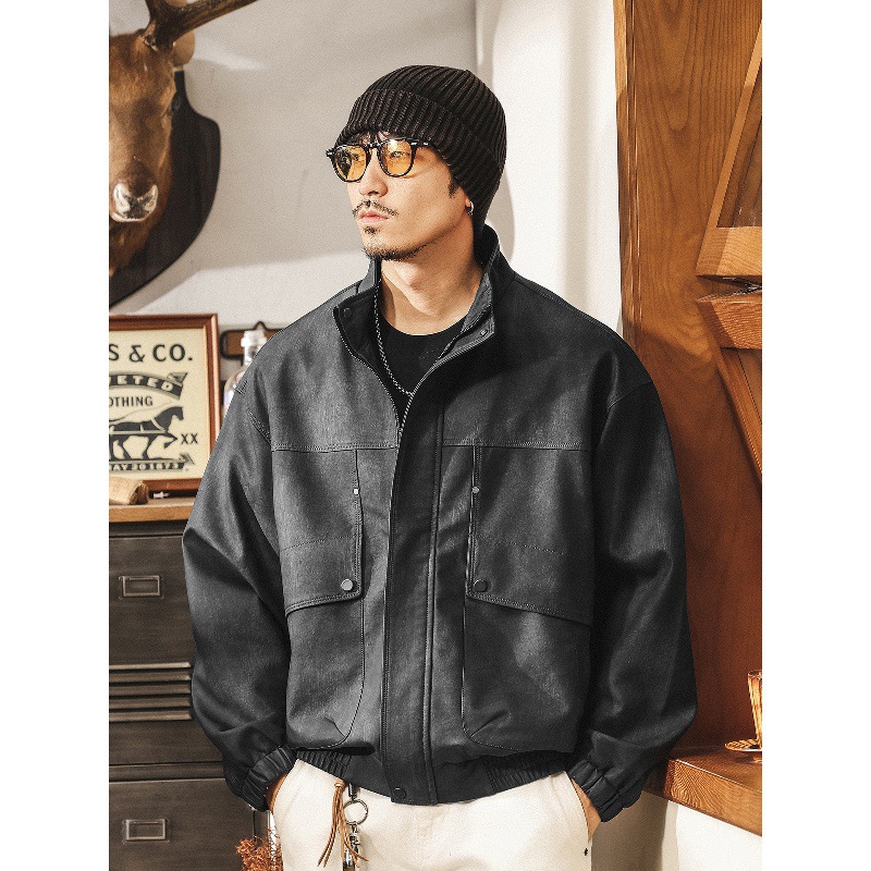 美式復古啞光做舊皮衣外套男春秋新款寬鬆潮流痞帥機車服皮夾克男