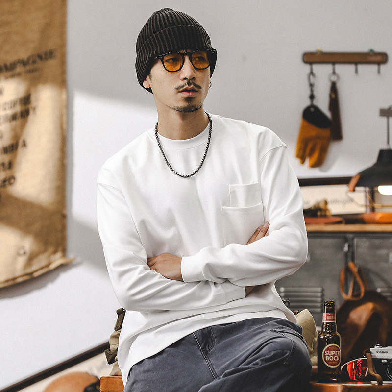 美式重磅長袖T恤男秋季潮牌雙口袋設計體恤男款百搭寬松白色上衣T