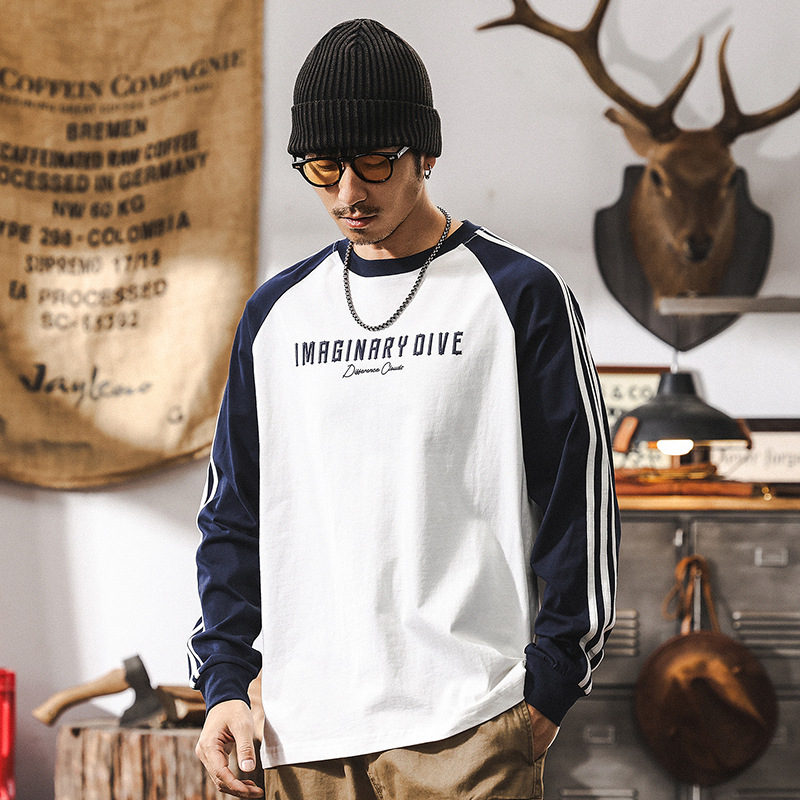 美式復古春季插肩袖拼色男士T恤男長袖2025新款寬鬆休閒上衣