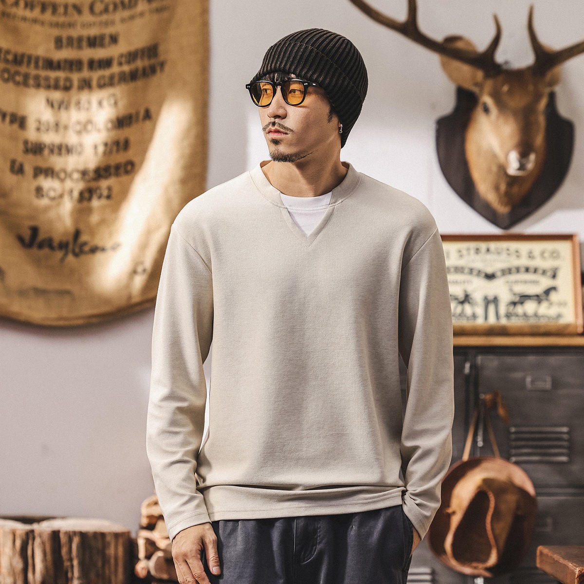 高級感軟糯萊賽爾長袖t恤男秋季2025新款寬鬆美式復古假兩件上衣T