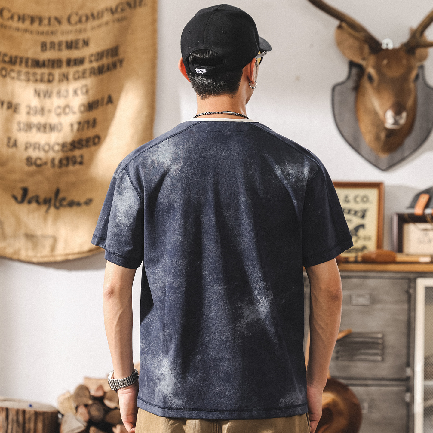 美式復古假兩件T恤男士短袖夏季新款潮牌扎染雙層領寬鬆休閒上衣T