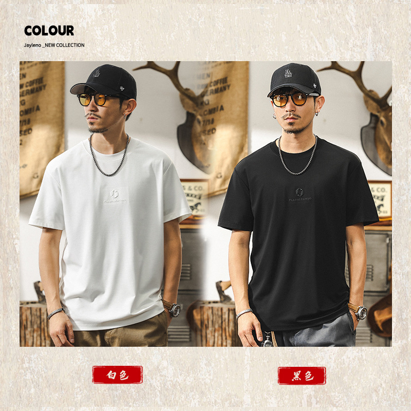 高級感桑蠶絲軟糯親膚短袖T恤男士夏季潮牌簡約刺繡寬鬆男士上衣