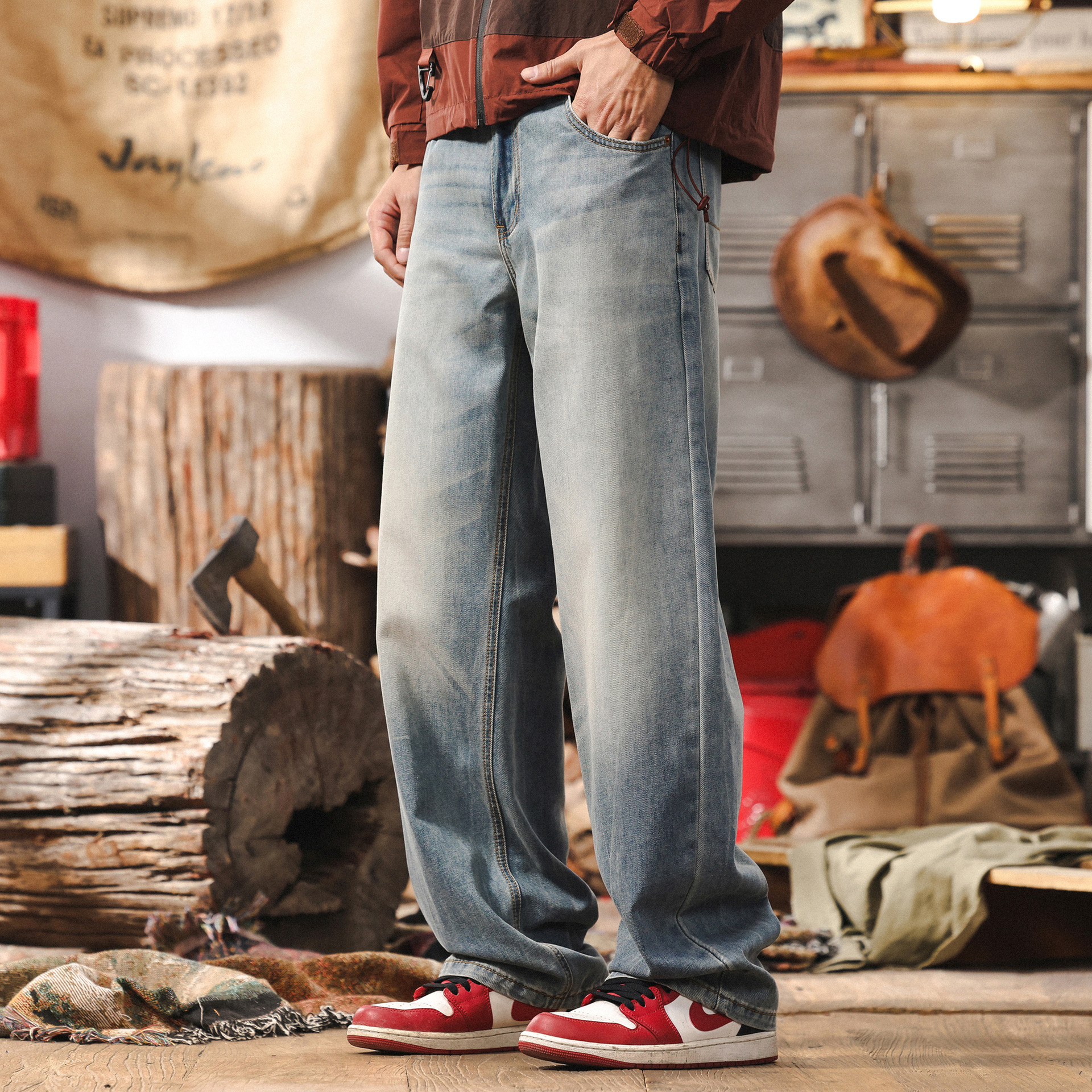 高級感漢麻涼感萊賽爾薄款牛仔褲男士寬鬆直筒休閒美式復古長褲男