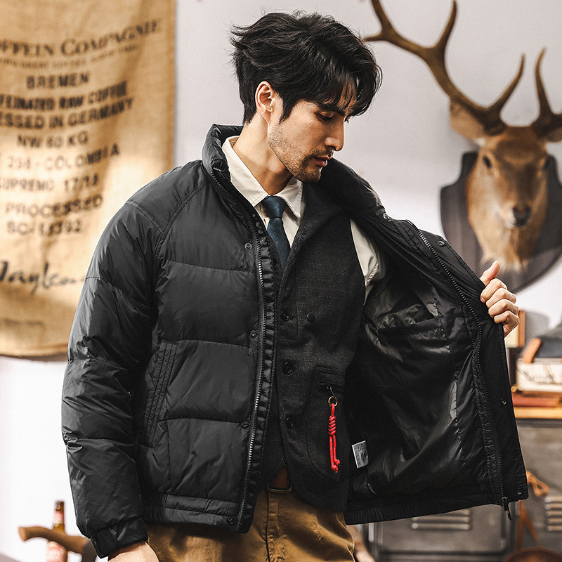 美式復古黑色短款羽絨服男冬季2024新款潮牌寬鬆加厚外套男秋冬款