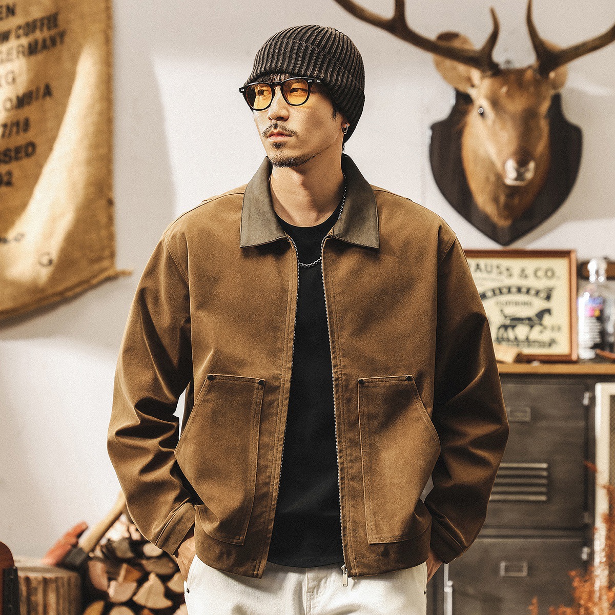 美式復古反絨皮外套男秋春款寬鬆潮牌帥氣工裝機車皮衣夾克男秋季