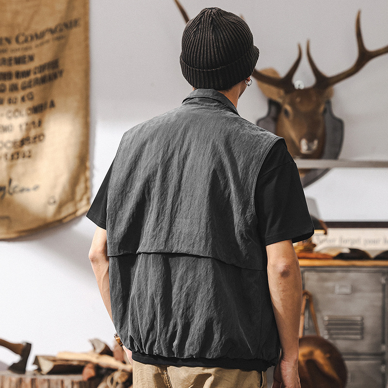 萊賽爾天絲薄款馬甲男士春季2025新款潮牌復古巴能風工裝夾克外套