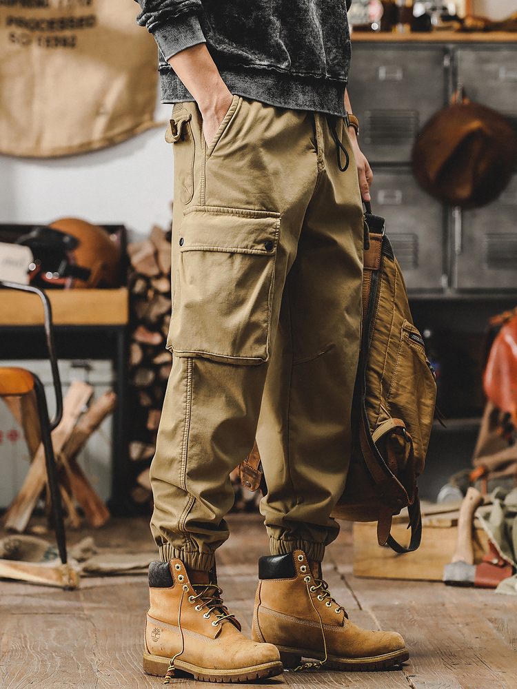 男士春季褲子潮牌2024新款軍綠色工裝褲男寬鬆直筒束腳男士休閒褲