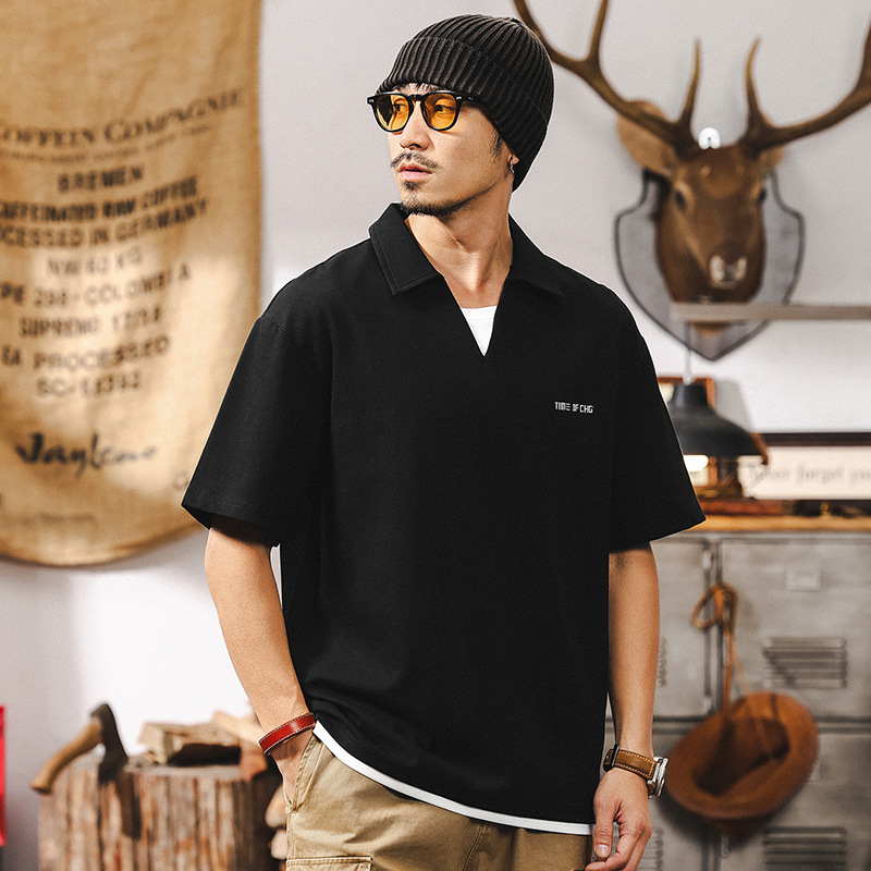 假兩件V領T恤男夏季涼感短袖上衣2025新款潮牌美式復古男士POLO衫