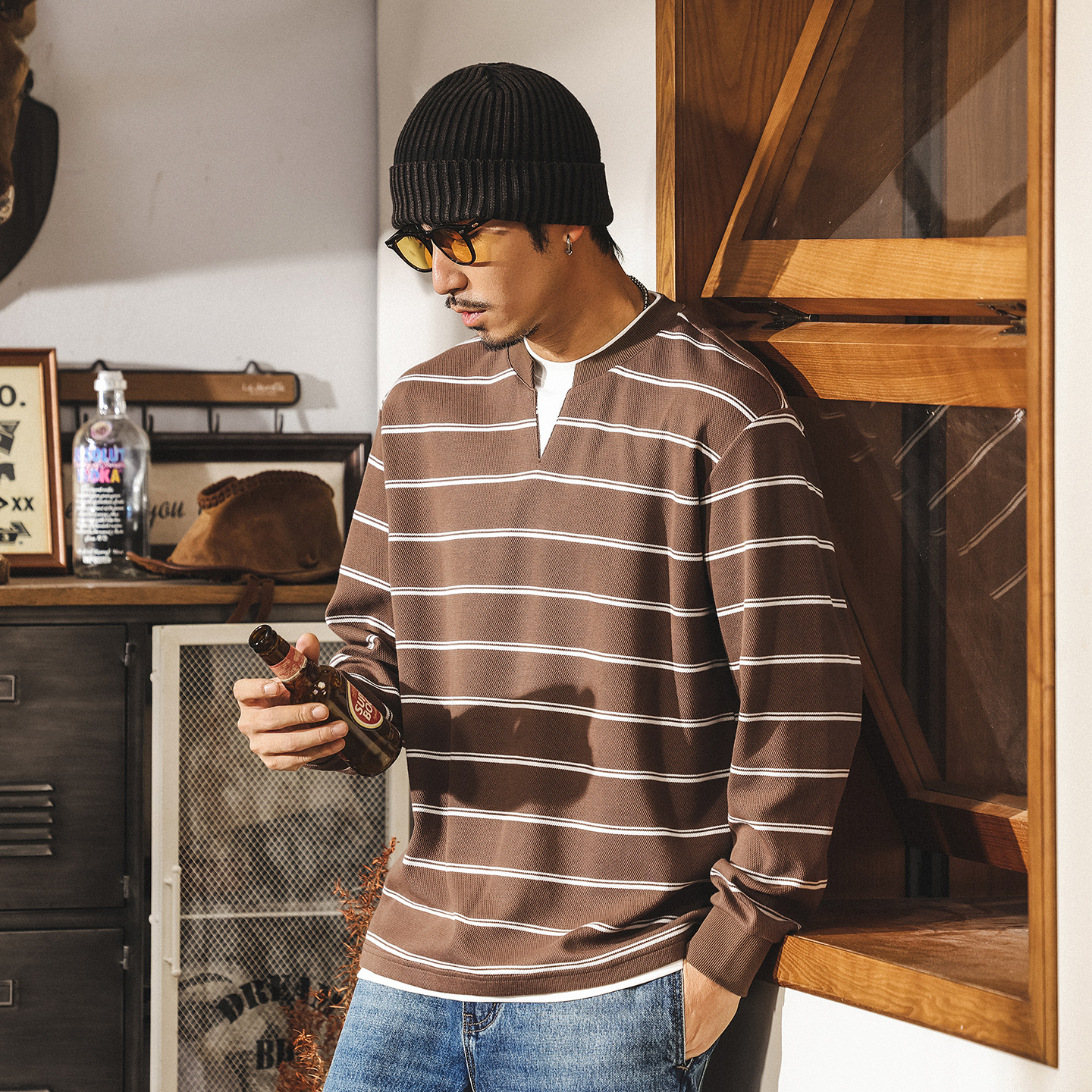 美式復古假兩件衛衣男春秋2025新款重磅條紋V領t恤男長袖寬鬆上衣