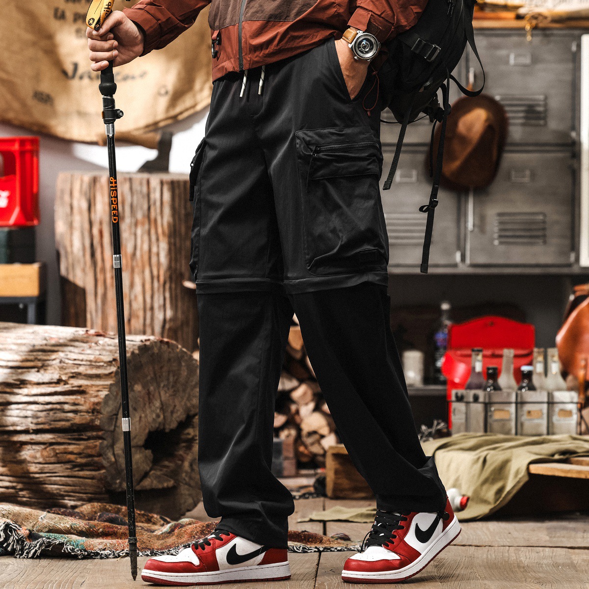 拼接可拆卸工裝褲男夏季涼感冰絲褲寬鬆直筒褲子男潮牌美式休閒褲