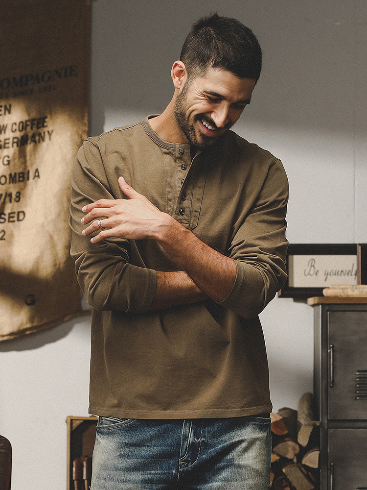 美式重磅復古長袖T恤男春秋款2024年新款潮牌水洗做舊硬漢亨利杉