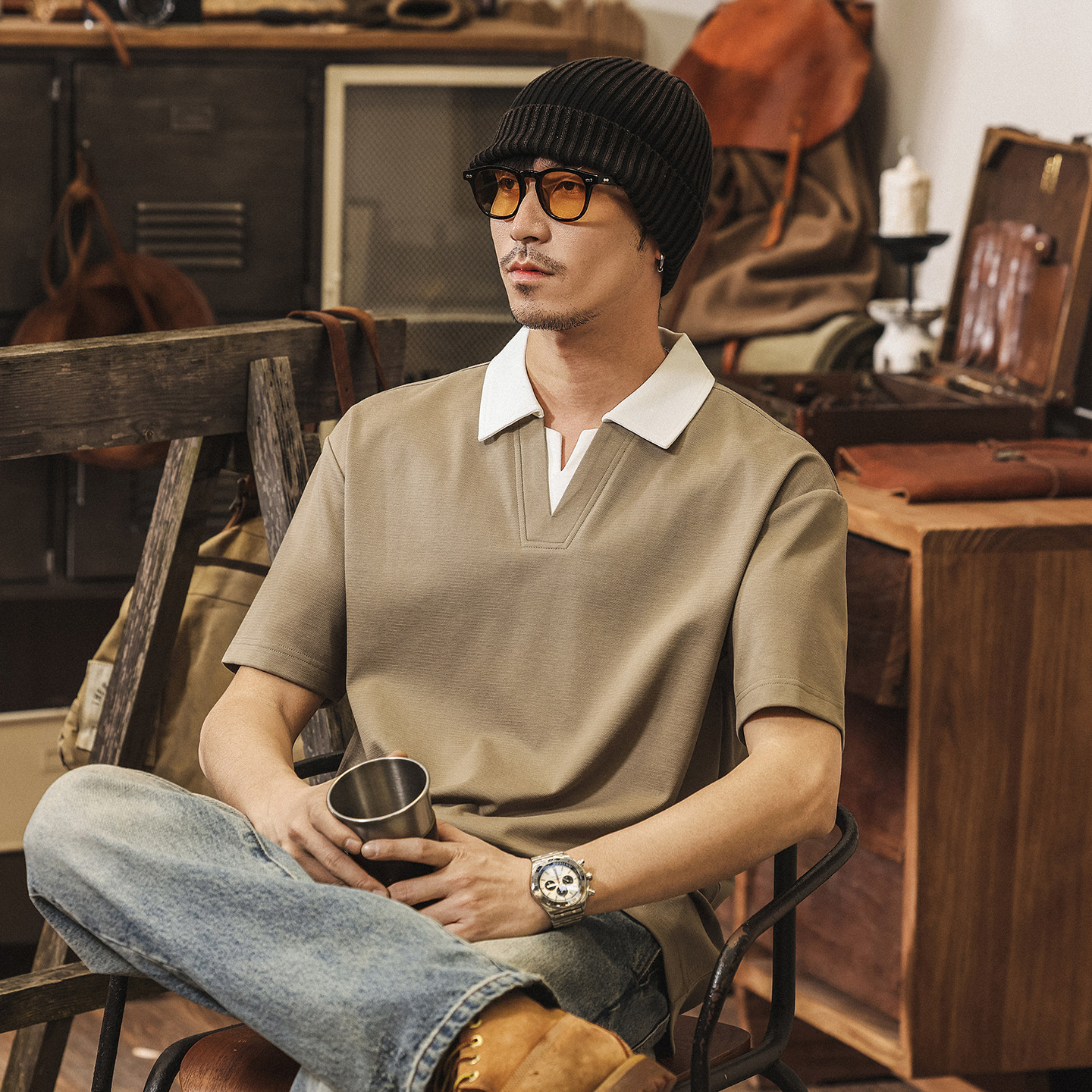 美式復古短袖T恤男夏季2026新款寬鬆假兩件polo衫男潮牌半袖上衣