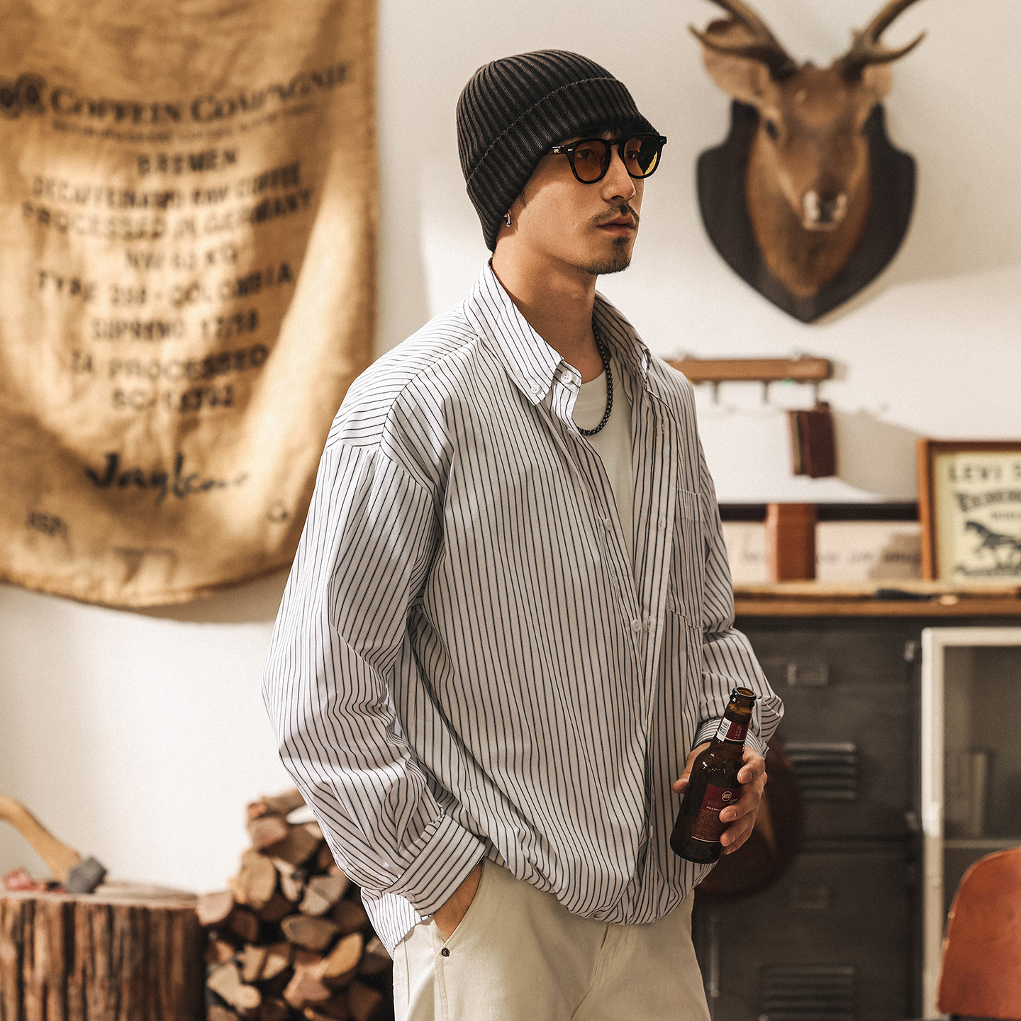 美式復古經典條紋長袖襯衫外套男春季新款高級感假兩件休閒夾克男