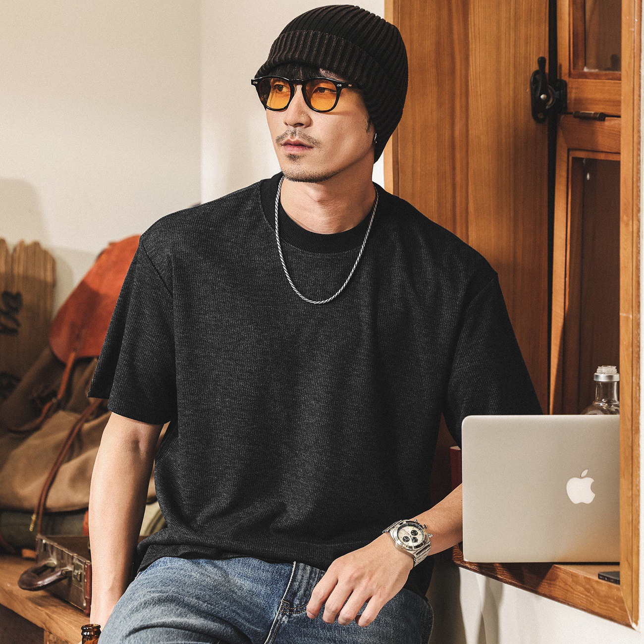 老錢風醋酸親膚綿羊毛男士T恤短袖夏季2026新款美式復古寬鬆上衣