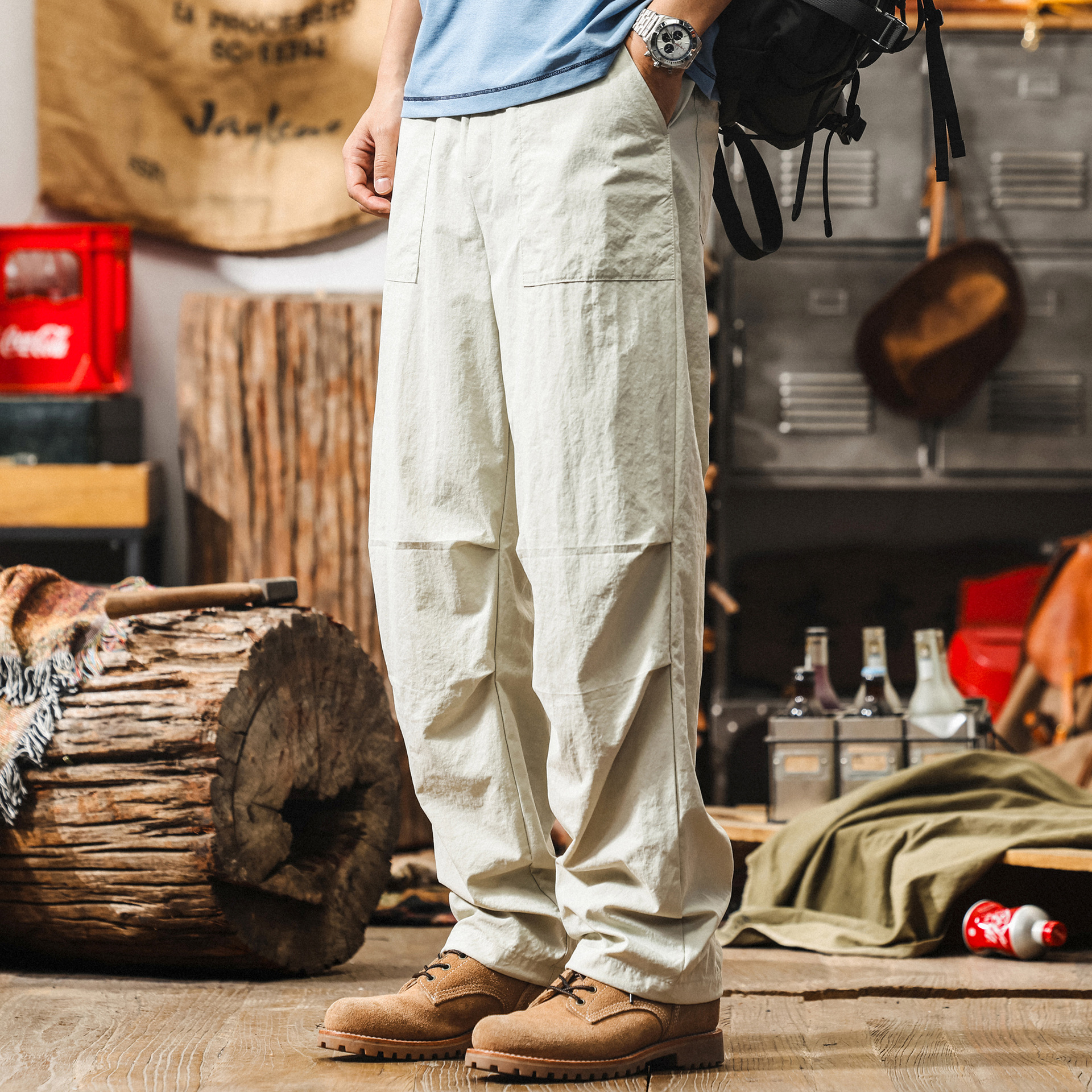 美式薄款杏色工裝傘兵褲男夏季寬鬆闊腿褲城市戶外通勤直筒休閒褲