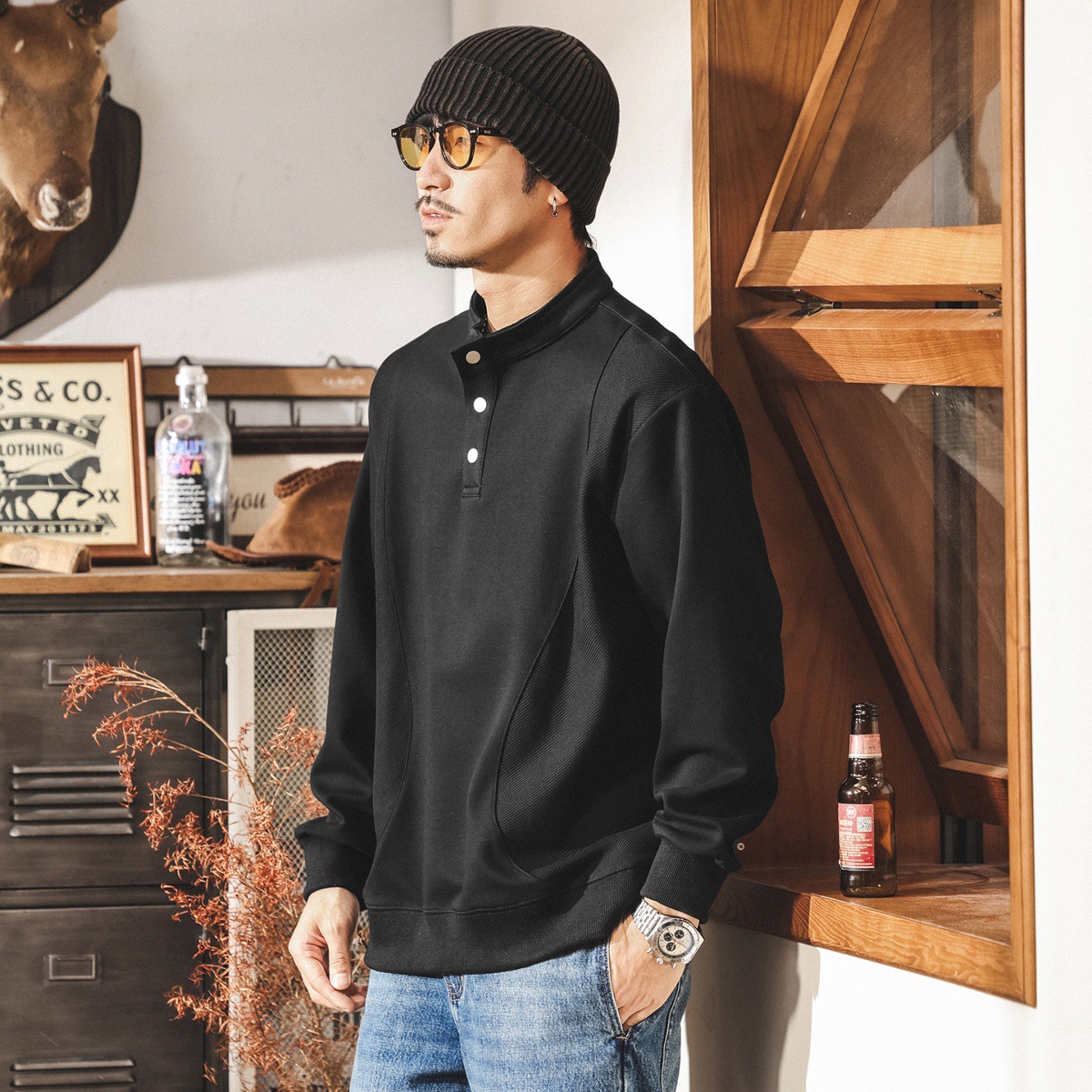 美式復古亨利領重磅衛衣男秋季新款拼接撞色寬鬆大碼休閒立領上衣