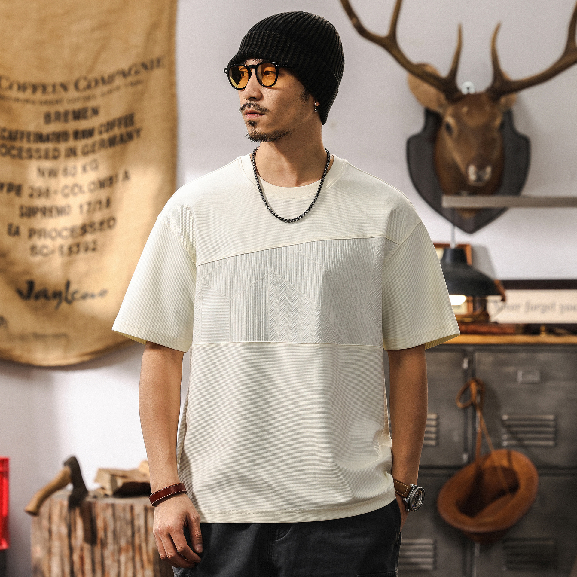 高級感拼接提花涼感T恤男2025新款短袖男夏季時尚潮流設計感上衣