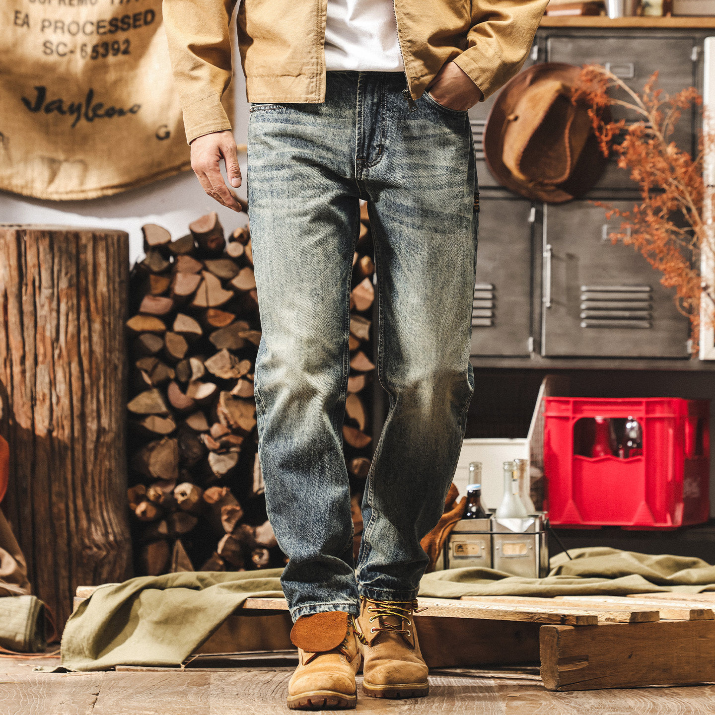 美式12.5盎司重磅牛仔褲男寬鬆直筒復古黃泥染水洗秋冬休閒長褲子