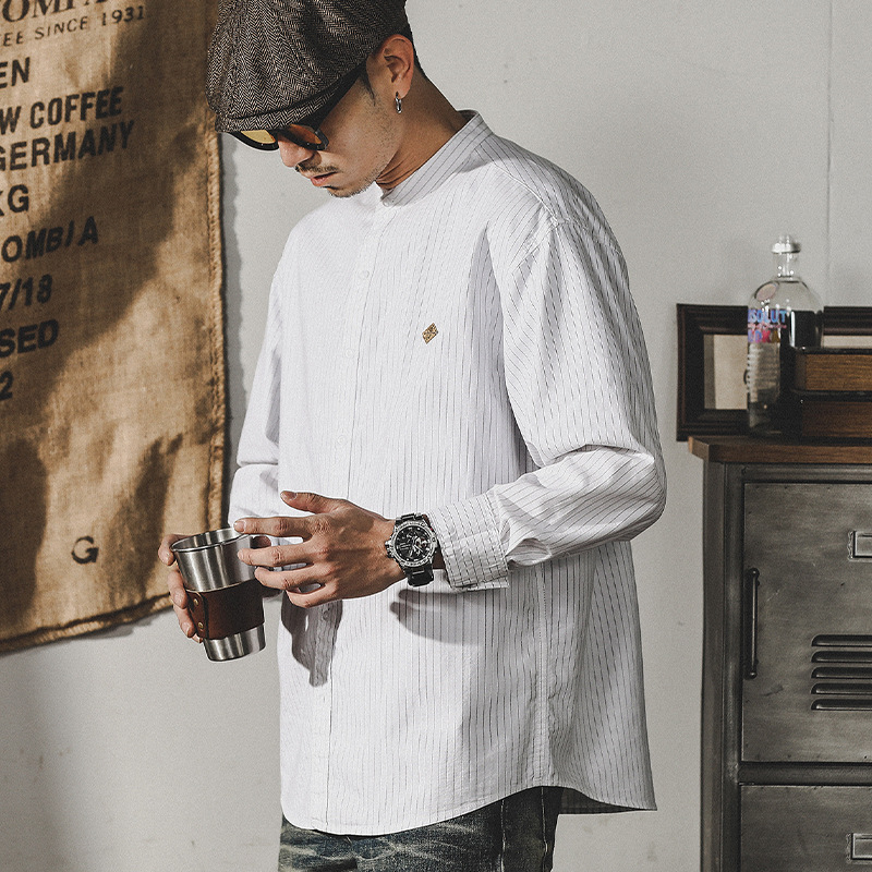 杰雷諾美式簡約白色立領襯衫男2024春季工裝長袖外套寬鬆休閒襯衣