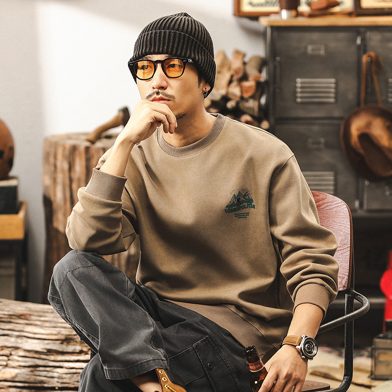 美式復古卡其色350g重磅衛衣男秋冬款潮牌戶外山系慵懶風寬鬆上衣