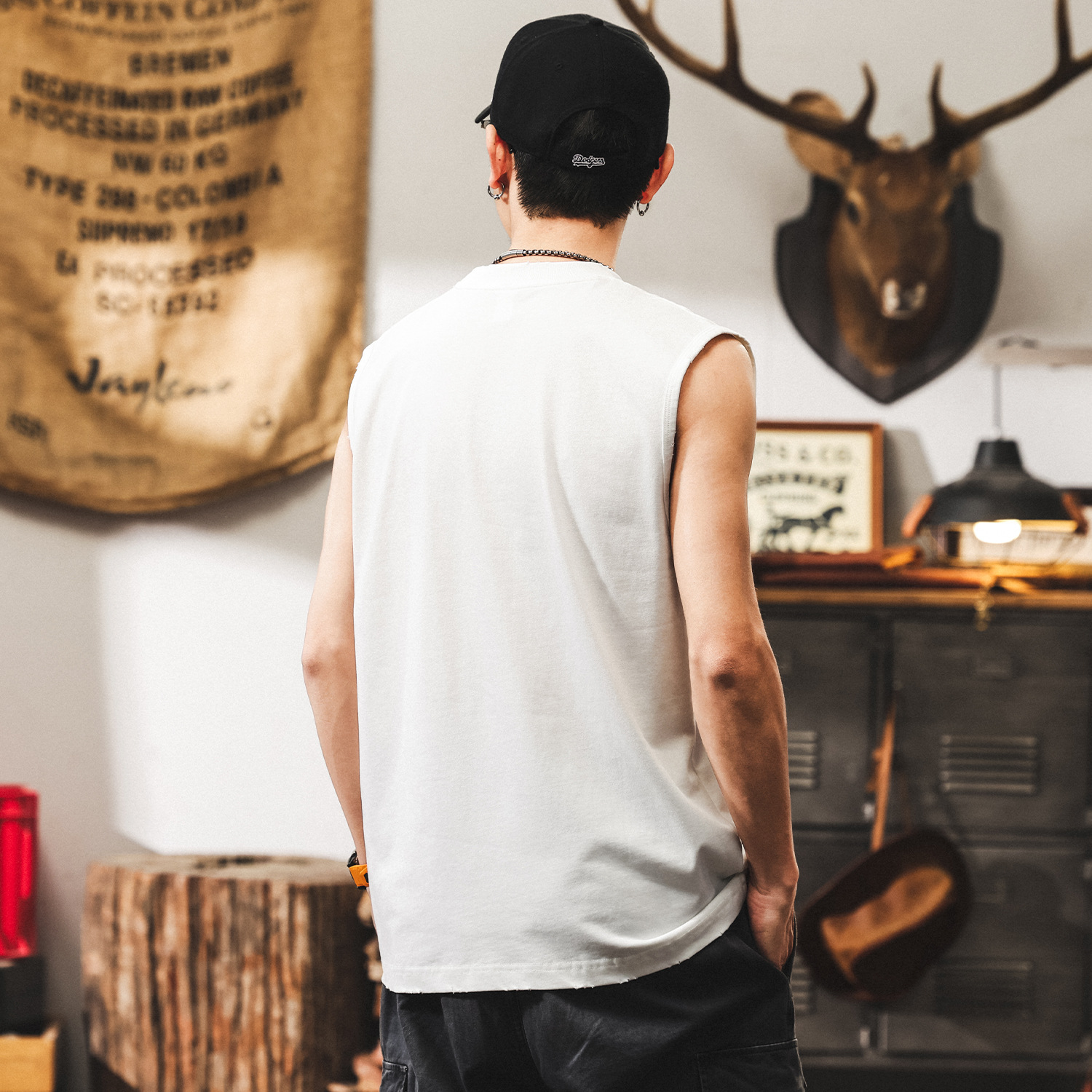 美式復古透氣運動健身背心男夏季無袖男T恤寬鬆白色坎肩上衣