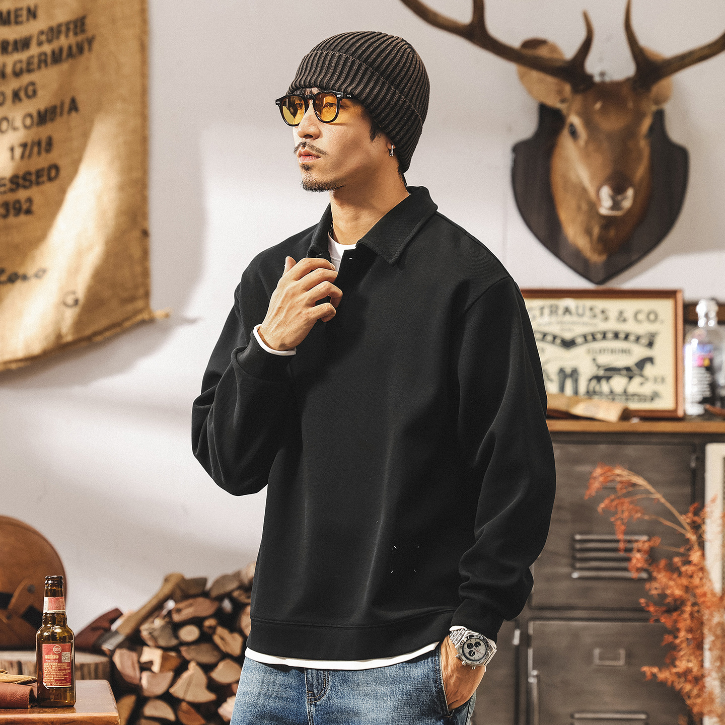 假兩件黑色Polo領重磅衛衣男春秋2025新款美式復古寬鬆休閒上衣男