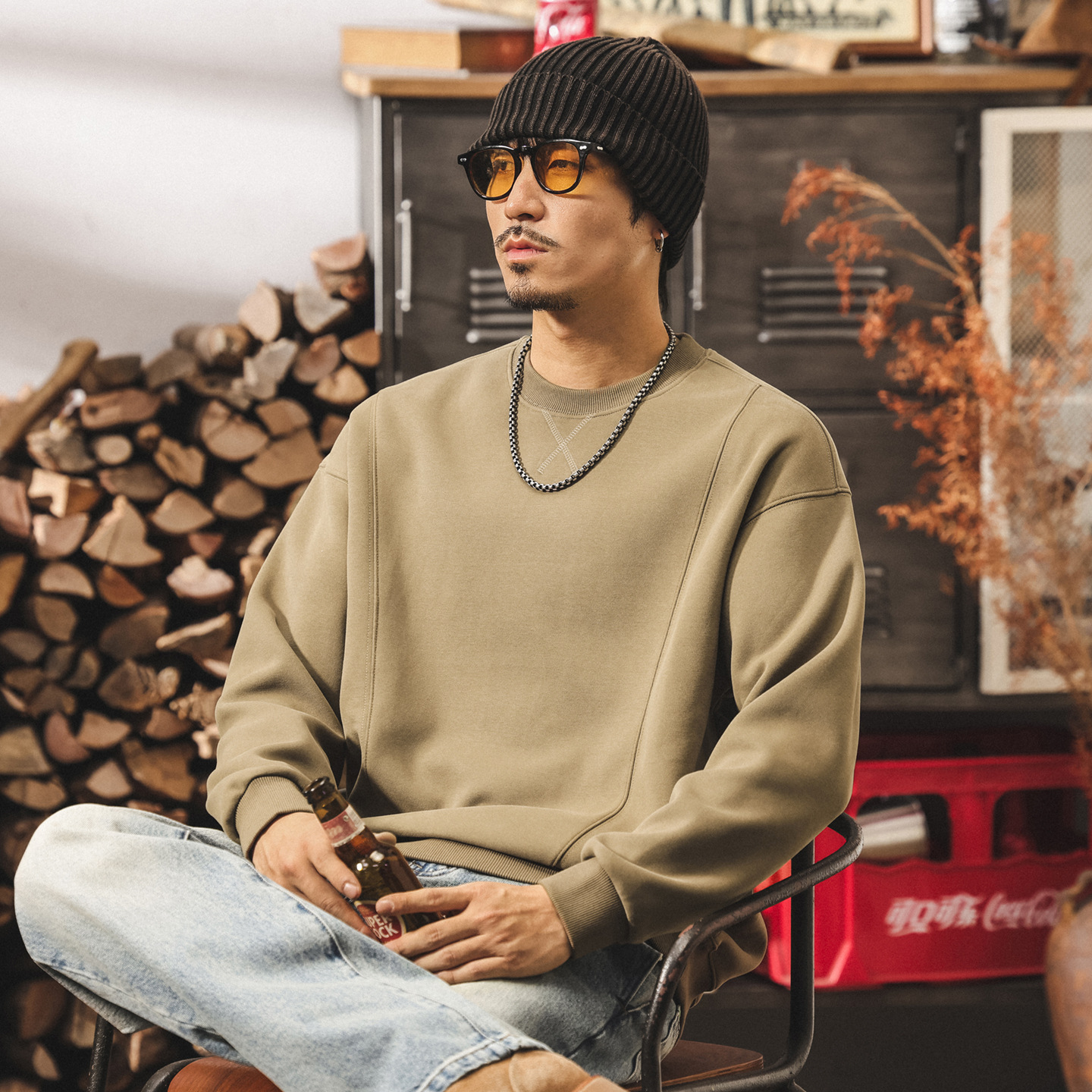 美式復古380g重磅圓領衛衣男春秋新款簡約拼接寬鬆休閒早秋上衣男