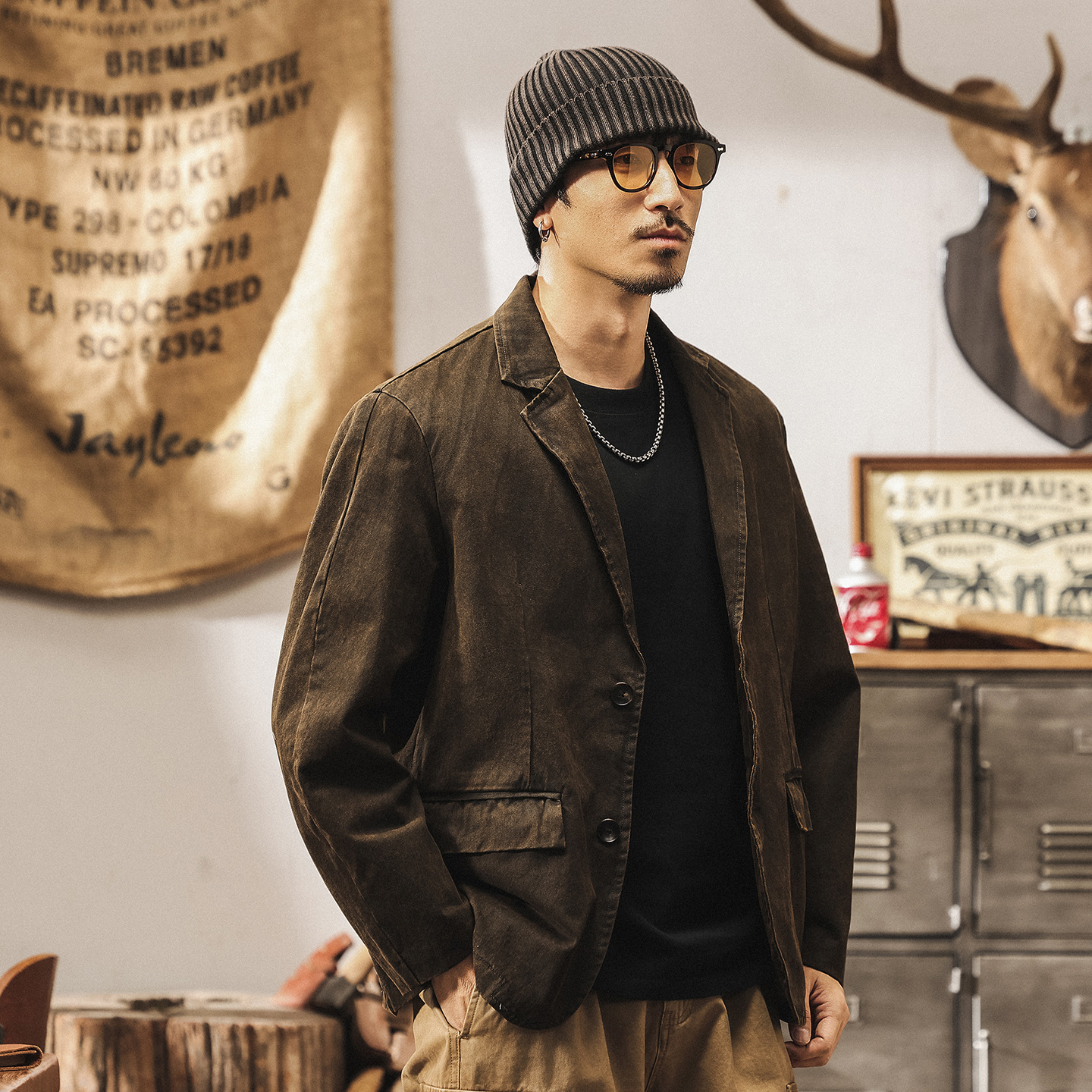 美式復古休閒西裝外套男春秋潮牌做舊阿美咔嘰美拉德工裝夾克西服