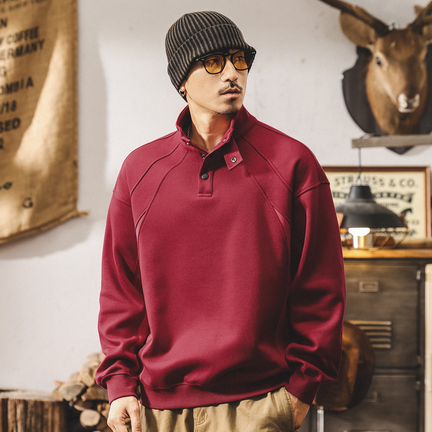 美式復古酒紅色半高領重磅衛衣男春秋新款潮牌寬鬆潮流休閒上衣男