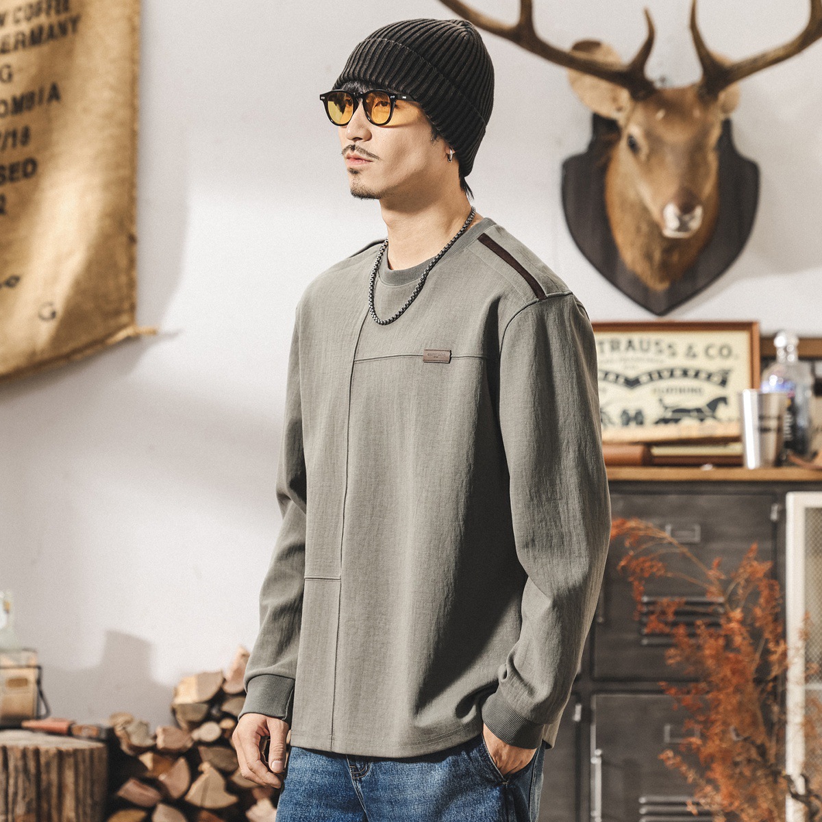 美式復古長袖t恤男寬鬆秋季新款重磅衛衣男春秋潮牌寬鬆男士上衣T