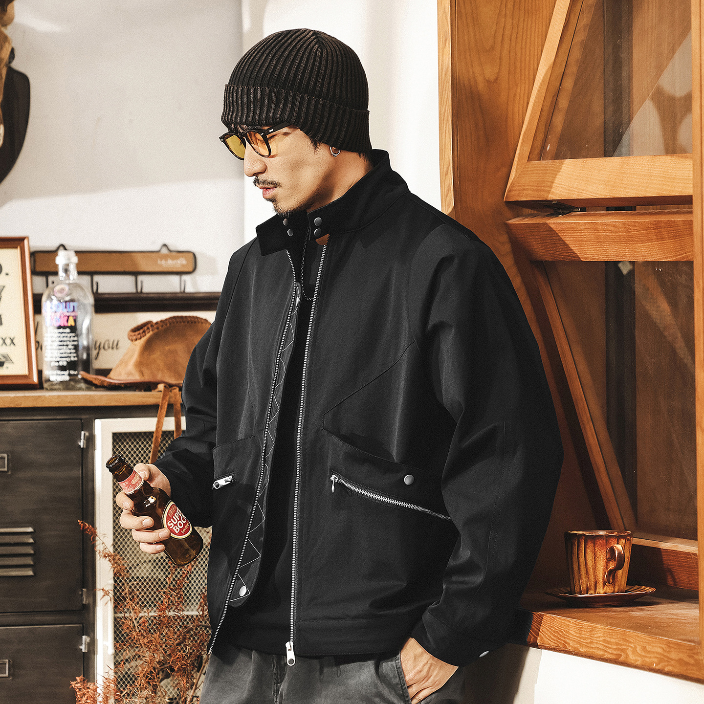 美式復古潮牌機車立領夾克男春秋新款高街痞帥寬鬆工裝飛行員外套