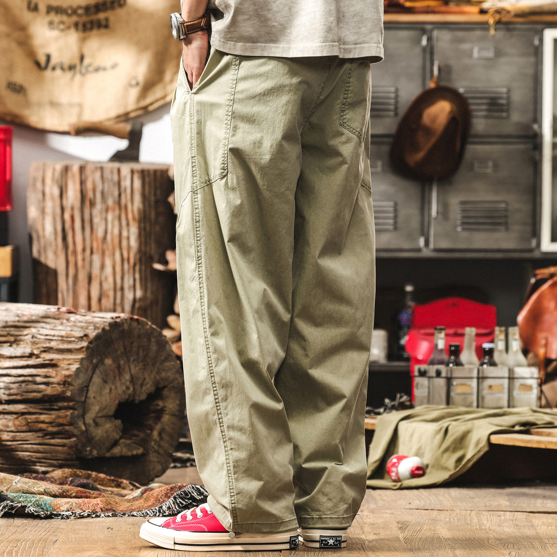 美式復古寬鬆闊腿休閒褲男士夏季新款直筒褲子拼接潮牌工裝束腳褲