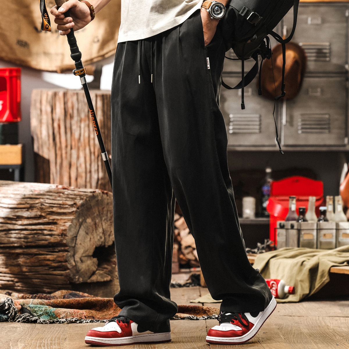 萊賽爾天絲柔軟順滑亞麻褲子男款夏季寬鬆直筒薄款黑色男士休閒褲